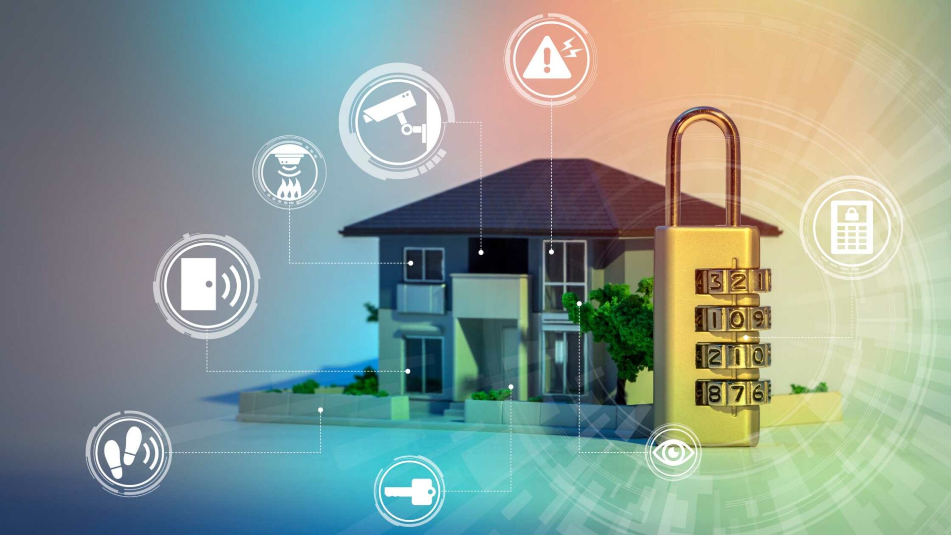 A home with a large lock next to it and digital symbols representing security features such as cameras and fire detectors.