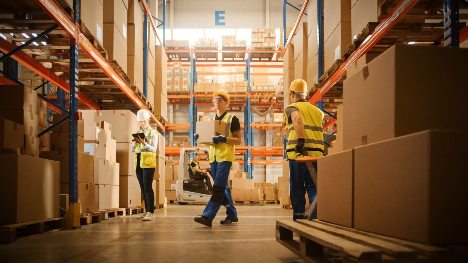 Four workers inside of a well-organized warehouse. Each worker performs a task while wearing yellow vests and hard hats.