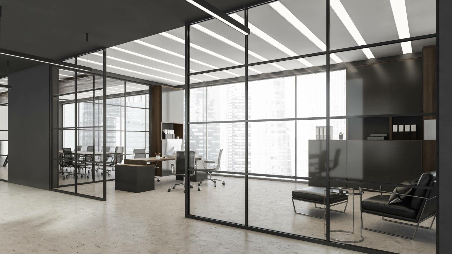 A modern office space with full capacity LED lighting to improve productivity and reduce operational costs.