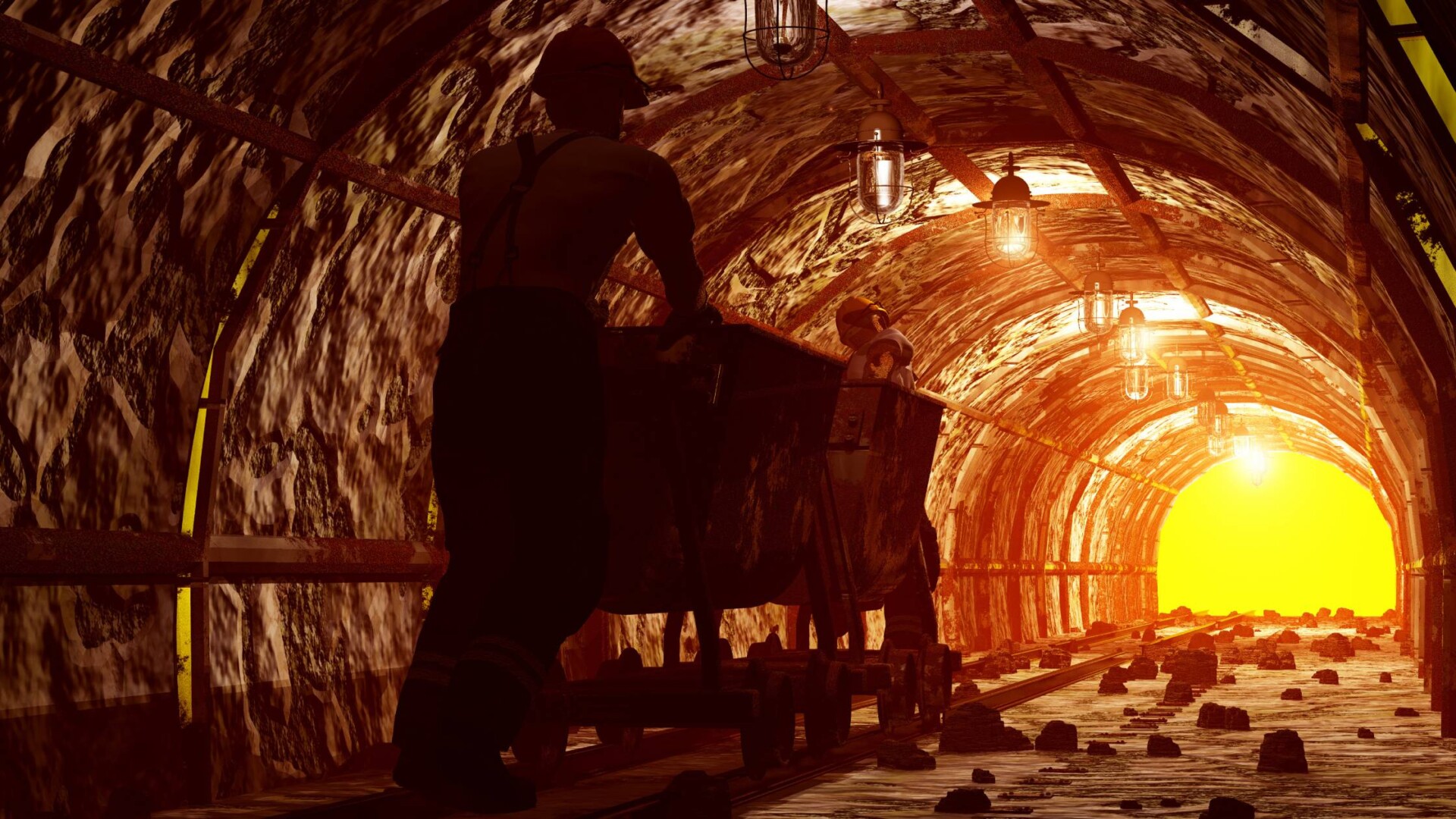 A man in a tunnel with metal support beams pushes a cart on rails towards the exit as the orange rays of the sun shine.