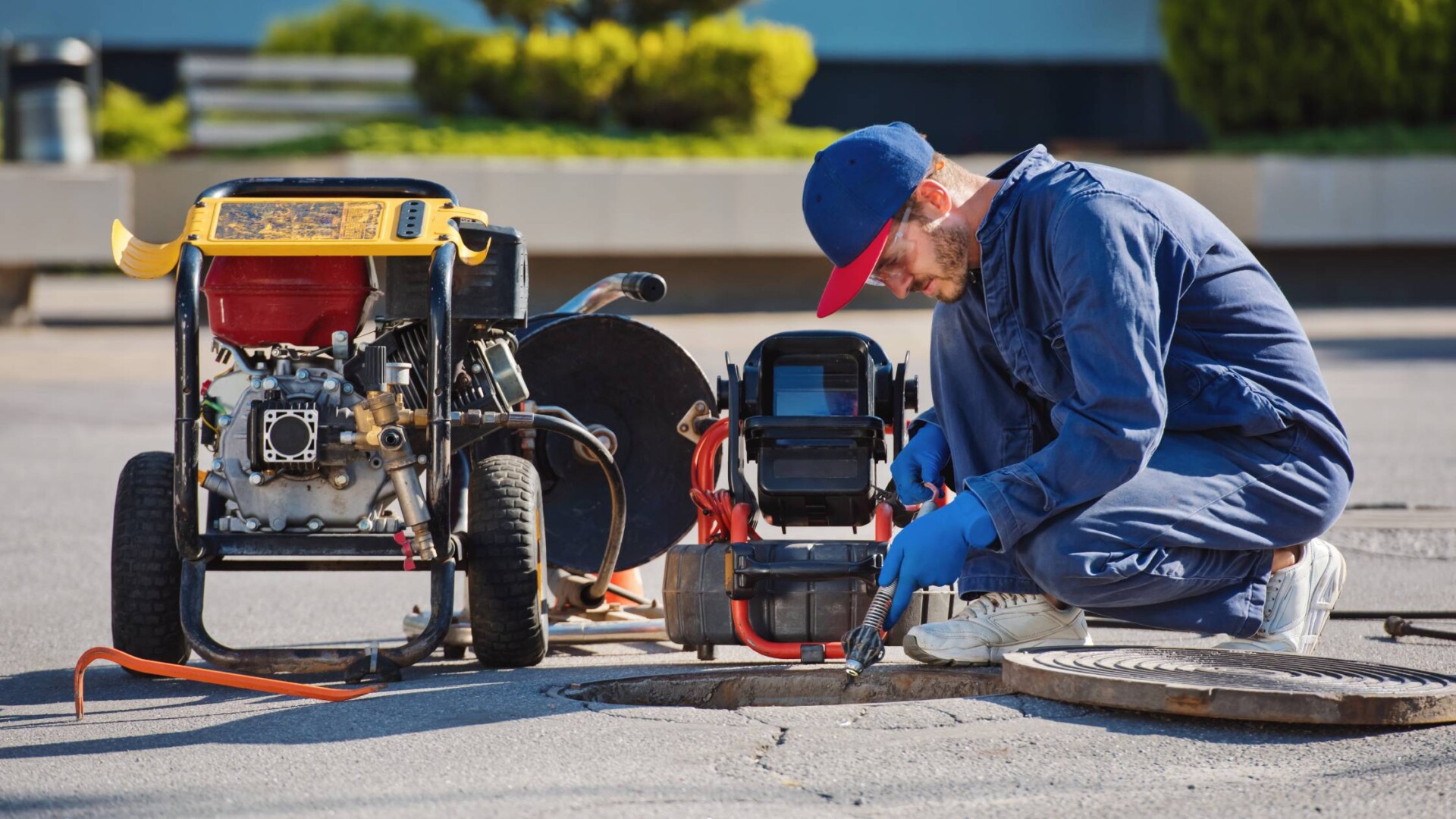 A plumber crouches next to plumbing equipment over an open sewer manhole. He guides a rod into the sewer system.