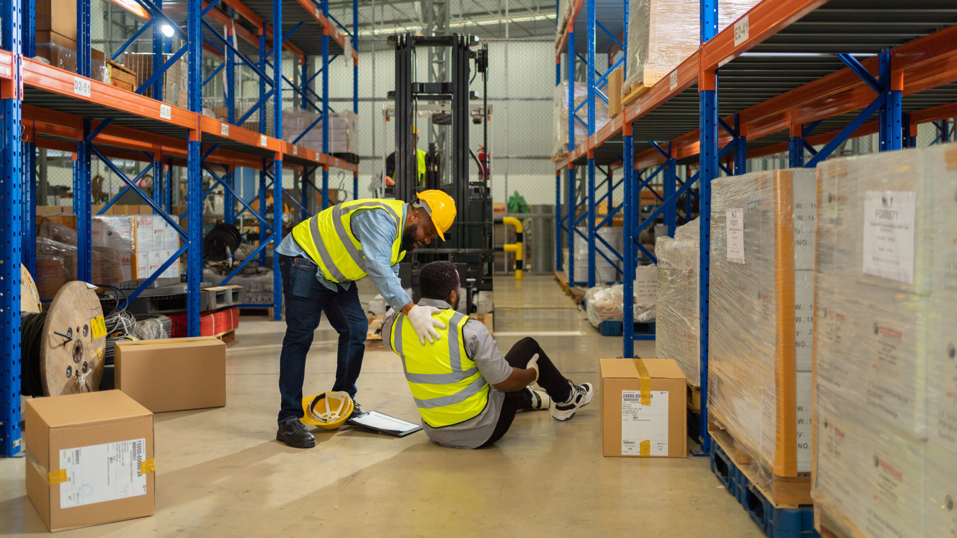 A worker sits on the floor of a warehouse while another employee helps him, having suffered an accident.