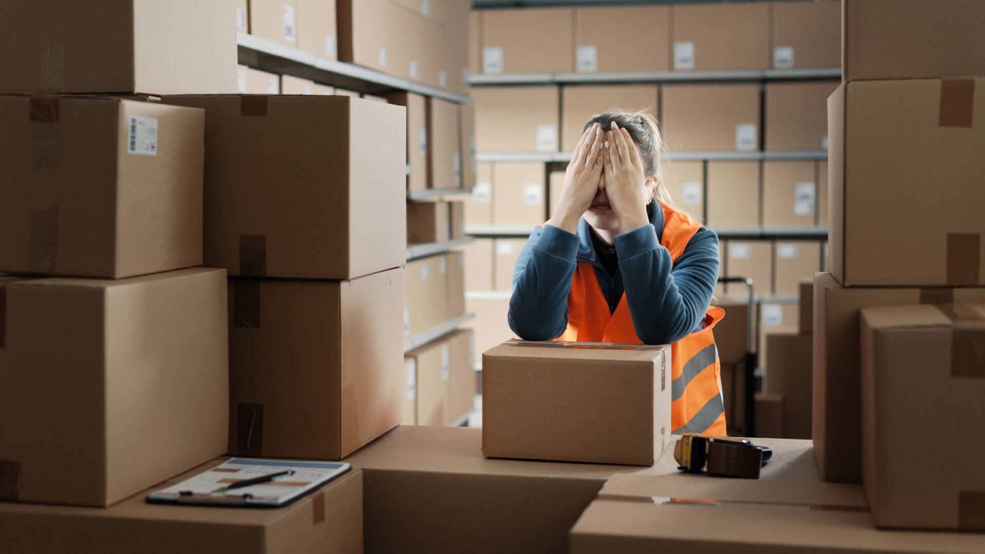 An exhausted and tired female warehouse employee in an orange safety vest surrounded by boxes with her hands on her face.