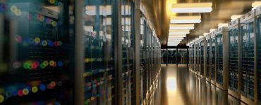 A server room in a data center with rows of multiple computer racks powered on, showing different colored lights.