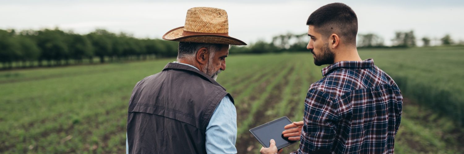 Two men standing in a cornfield under an overcast sky. One man holds a tablet, while the other looks down at it.