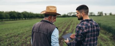 Two men standing in a cornfield under an overcast sky. One man holds a tablet, while the other looks down at it.
