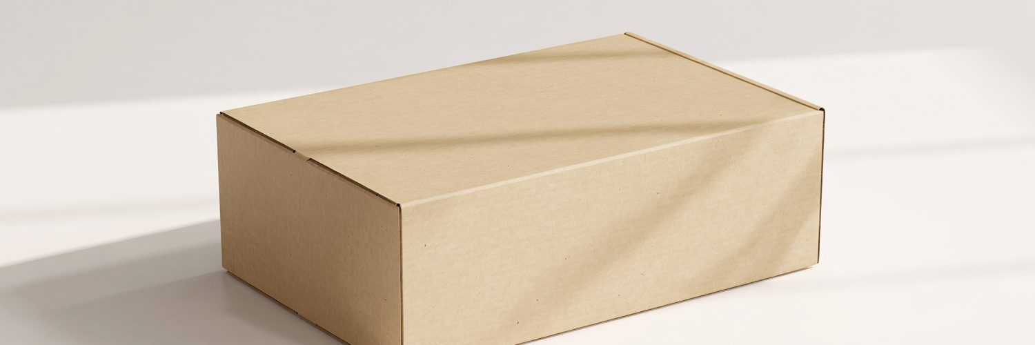 A cardboard product packaging box rests on a white table. The box has text that says "BOX MOCKUP" and "PACKAGE MOCKUP."